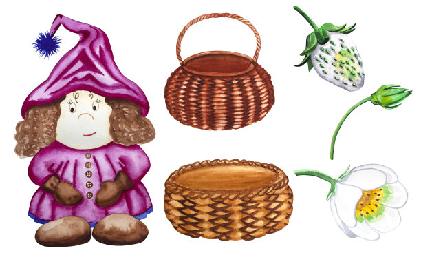 水彩集侏儒，篮子，草莓和草莓胡子与花。手绘水彩画的维多利亚浆果和女孩-侏儒。为了你的设计图片下载