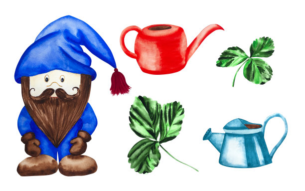 水彩画集地精，喷壶和植物草莓叶。手绘水彩画的维多利亚浆果和侏儒爷爷。为了你的设计图片下载