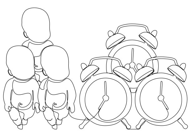 一个连续的线闹钟和婴儿的孩子。细线插图矢量概念。轮廓画创意。图片下载
