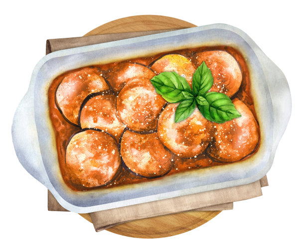 意大利帕尔马干酪茄子菜。水彩插图图片下载