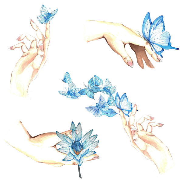 一套水彩插图。蓝蝴蝶，荷花，树叶，手。设计及明信片图片下载