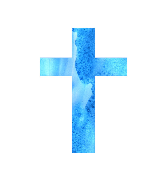绿松石十字架是孤立在一个白色的背景。蓝色水彩宗教象征。抽象彩色复活节印花。蓝色手绘插图的洗礼和第一次圣餐设计。图片下载