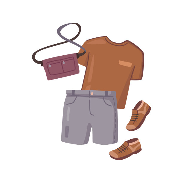 商人夏季look，时尚男装如皮鞋、包、短裤和t恤在平面卡通风格。夏日装扮，度假服饰，男士装图片下载