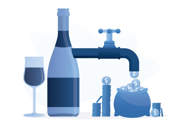 利润丰厚的酒业管道，打开水龙头带着钱流。带有巨大管道和阀门的酒瓶。现金流，酒类销售收入。酿酒生意。图片下载