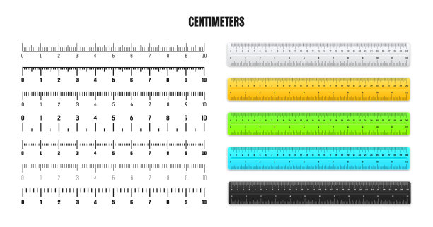 现实金属尺子，黑色厘米刻度，用于测量长度或高度。各种测量尺度与划分。尺，卷尺标记，尺寸指示器。矢量图图片下载