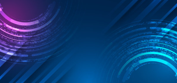 宽蓝色背景与各种技术元素。抽象圆技术传播，矢量插画。未来主义的展示设计。高科技计算机数字技术概念。图片下载