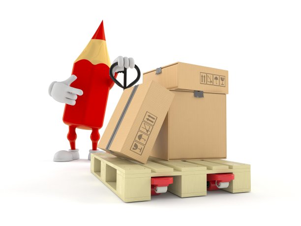 彩色铅笔字符与手托盘卡车与纸板箱图片下载