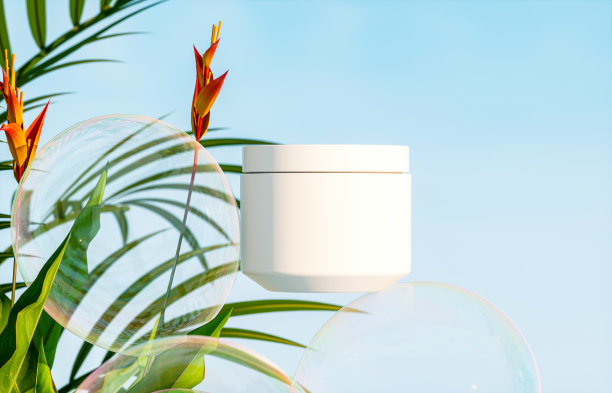 以热带植物和肥皂泡为背景的化妆品面霜罐。三维渲染图片下载