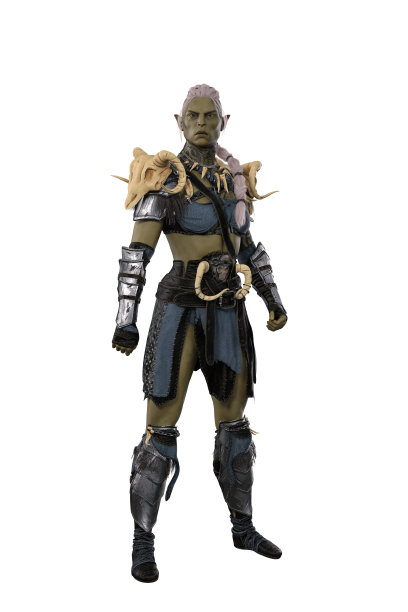 绿皮肤白头发的奇幻半兽人女人，穿着战士服装，戴着动物头骨装饰。独立的3D渲染。图片下载