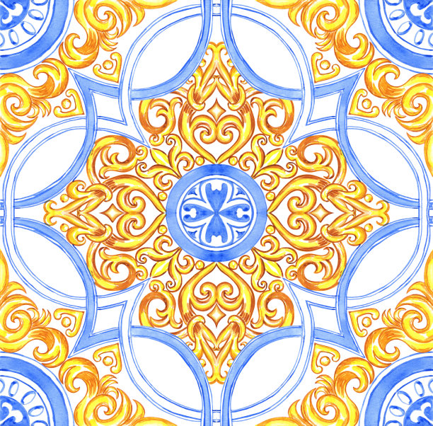 蓝色和黄色的瓷砖设计。西西里无缝装饰。巴洛克水彩背景。手工绘制的皇家装饰品。地中海意大利版画。图片下载