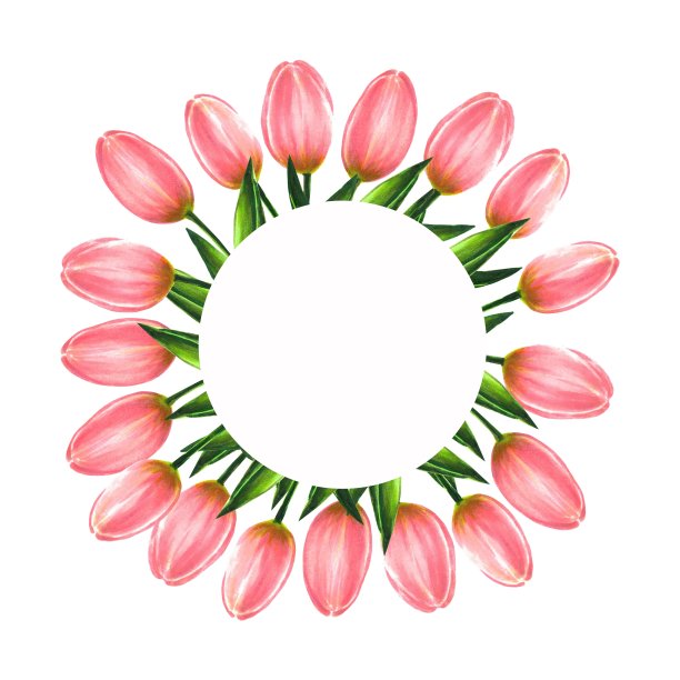 圆形框架从粉红色的郁金香，手绘标记插图在水彩技术图片下载