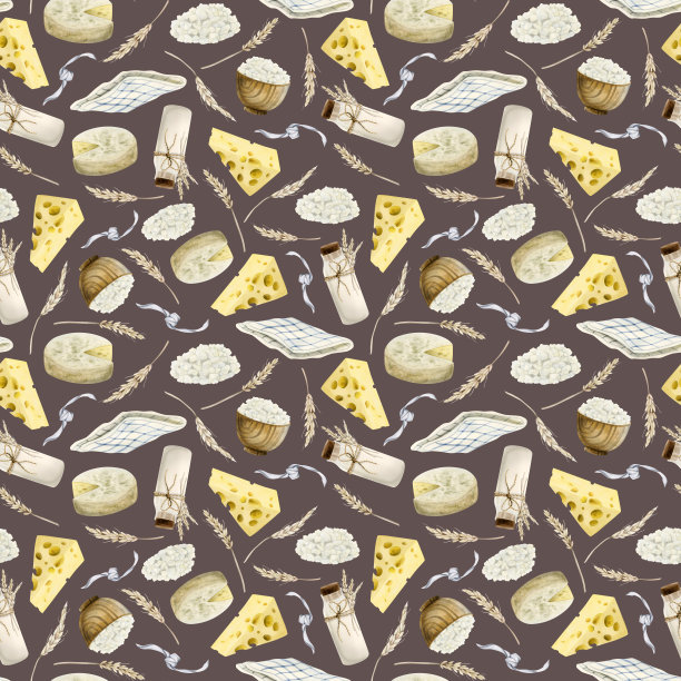 牛奶奶酪与卡门培尔干酪，茶巾，白干酪和麦穗在棕色背景无缝图案。手绘插图的乡村农场图片下载