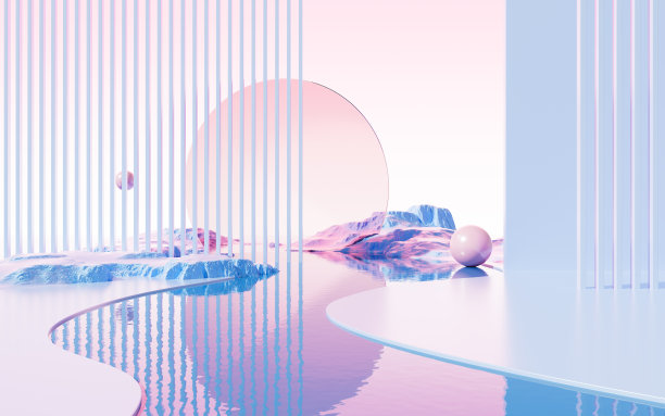 几何建筑和水面背景，3d渲染。图片下载