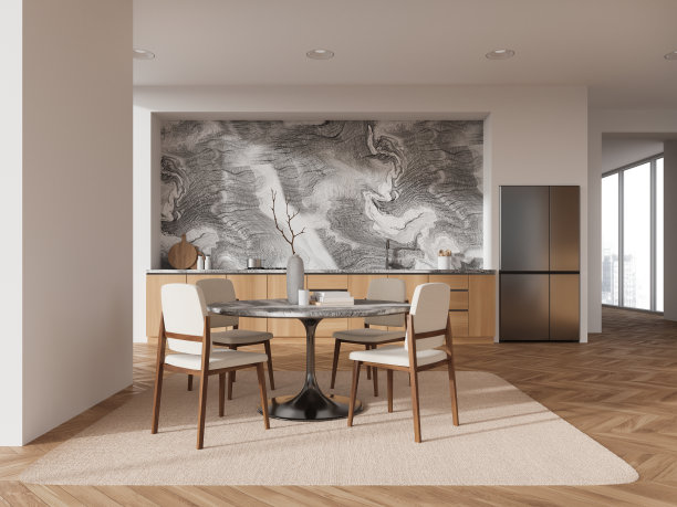 白色和大理石厨房内部与桌子图片下载