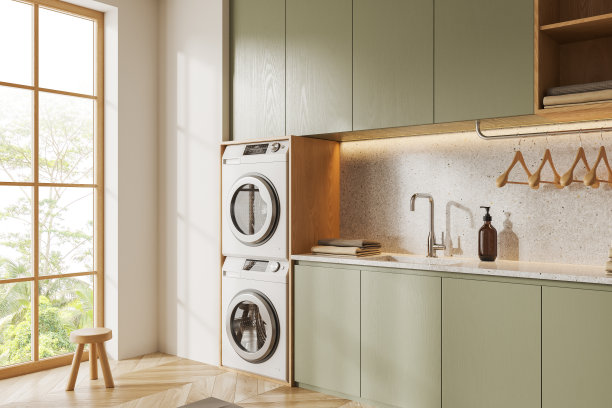 舒适的洗衣房内部配有洗衣机，货架和全景窗户图片下载