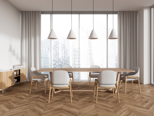 白色的餐厅内部有长桌图片下载