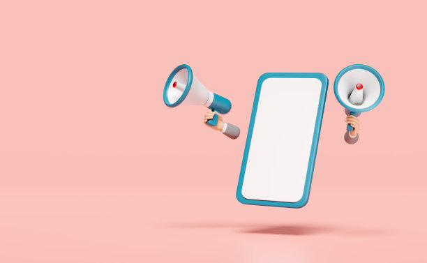 3d手持扩音器，手扬声器与手机，智能手机隔离在粉红色的背景。推广社交媒体网络新闻，在线营销购物概念，3d渲染，剪辑路径图片下载