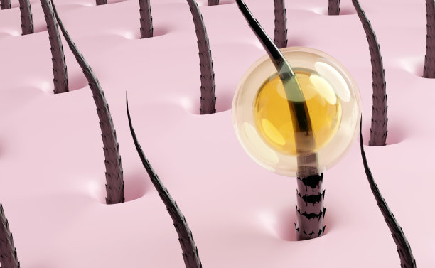 3d恢复和滋养头发，头皮用洗发水，精华液，治疗头发护理，泡沫，油滴背景液。3d渲染图图片下载