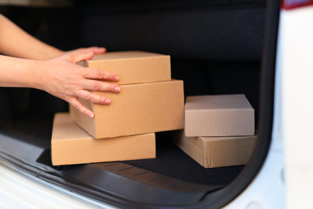 手把纸板箱放进汽车后备箱。图片下载
