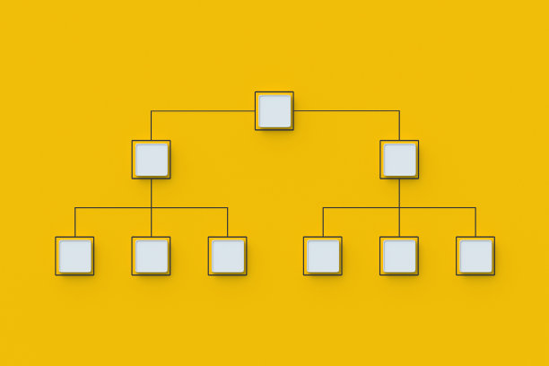 团队合作和招聘。方案由空按钮组成。层级组织结构图概念。公司结构。管理和市场营销。供应链。网络分布。前视图。三维渲染图片下载