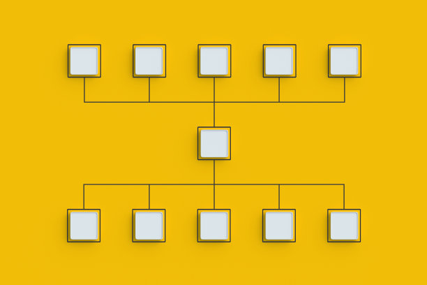方案由空按钮组成。层级组织结构图概念。管理和市场营销。员工的位置。雇用和解雇流程图。企业沟通。前视图。三维渲染图片下载