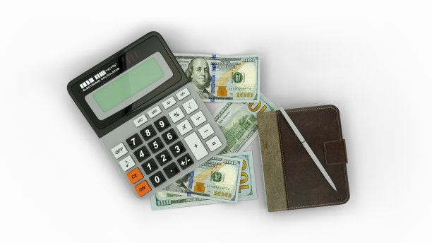 在黑暗的背景上，由美元纸币、计算器、笔记本和一支笔组成的3D渲染图。税务后台设计理念图片下载