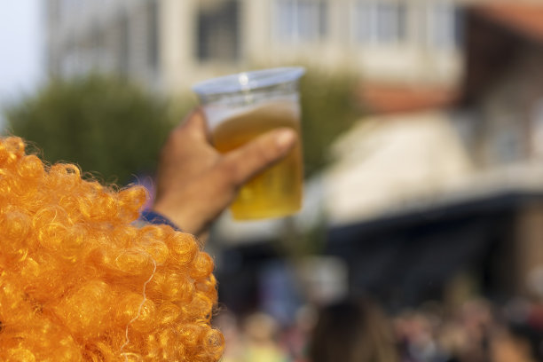 戴着假发喝着啤酒的嘉年华派对背景图片下载
