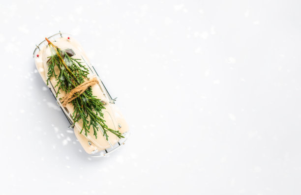 汽车与圣诞树在白色背景与复制空间顶视图圣诞节庆祝活动图片下载