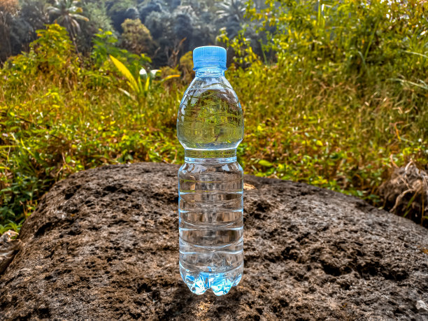 瓶装矿泉水在石头与草的背景图片下载