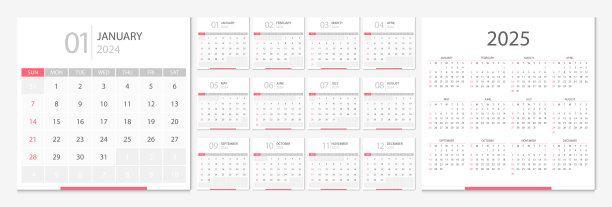 日历2024，日历2025周开始周日企业设计规划模板。台历2024年。图片下载