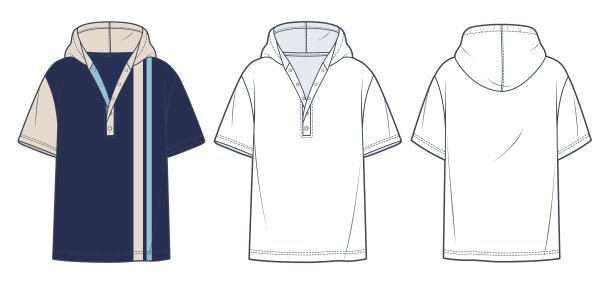 连帽t恤技术时尚插图。短袖卫衣时尚平技术图纸模板，钮扣闭合，前后视图，白色，蓝色，女，男，男女通用CAD模型集。图片下载