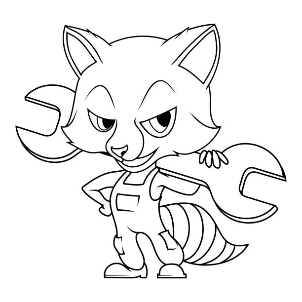 拿着扳手的浣熊。矢量插图的素描有趣的动物。野生动物，美丽的，食肉动物，动物园。自然,肖像。图片下载