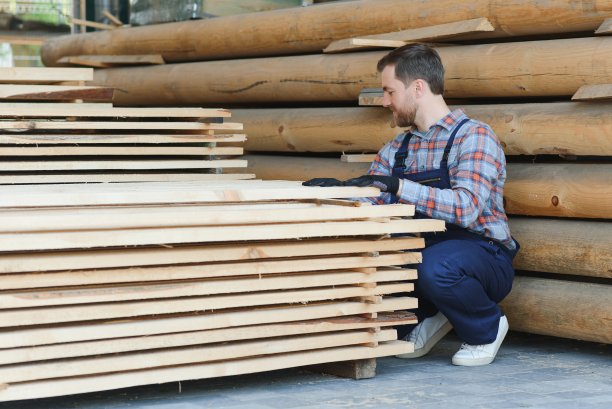 一家锯木厂的工业仓库，一名员工把手放在露天锯木厂的成品上。图片下载