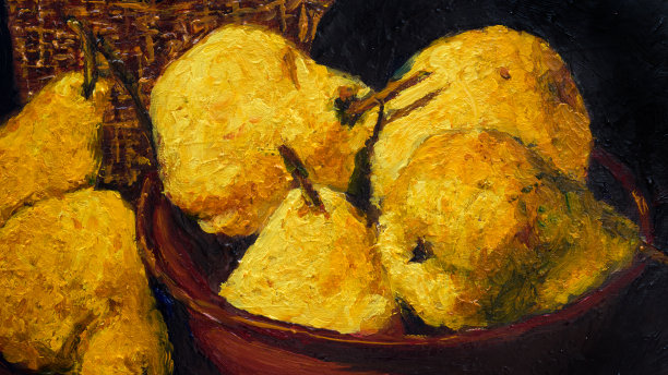 静物与梨在一个粘土板上的黑色背景，原画油画布面图片下载