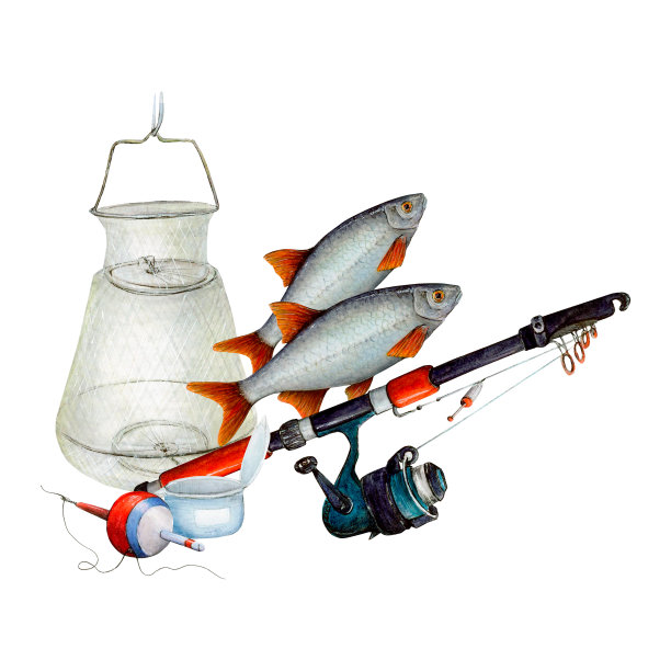 水彩画一套渔具:带鱼线的纺丝杆、钓钩、二鱼、破坎网和一罐鱼饵。垂钓设备用于壁纸，标志，横幅，图标，卡片，传单，纺织品，明信片，包装纸，贴纸，壁纸图片下载