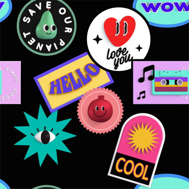 3d时尚复古贴纸和groovy风格无缝图案。石榴，心，眼睛，梨，哇，酷，你好，眼睛，卡带图标。良好的共鸣和节省palnet概念。3d渲染图图片下载