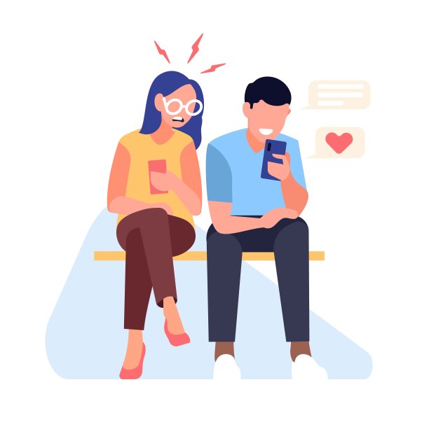 女人吃醋。女朋友监视男人的网络通信。关系危机。人们用智能手机聊天。看朋友信使邮件的人。向量的概念图片下载