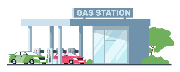 汽车在加油站加油。汽车加注服务，石油或柴油燃料加注，石油或生物燃料汽车，运输服务卡通平面隔离矢量概念图片下载
