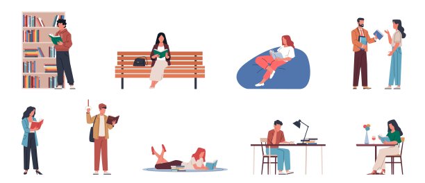 快乐的读者。手里拿着书本的书迷，图书馆、公园、家里的人，准备考试的学生，教育和爱好。卡通平面插图，目前矢量集图片下载