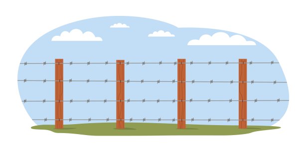 绿色的田野和有刺铁丝网的柱子。私人或危险，禁止保护区，农场边界，锁定边界，木杆和金属电缆，卡通扁平风格隔离矢量概念图片下载