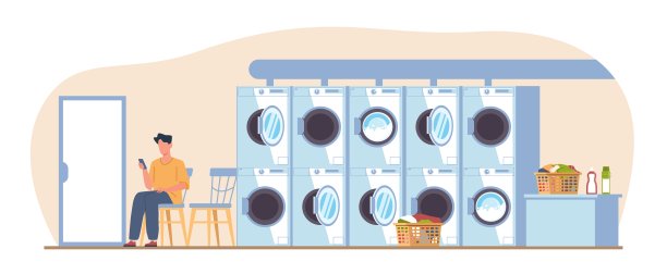 一个人在自助洗衣店用洗衣机洗脏衣服。人们在自助洗衣店洗衣服。洗衣粉和衣服在篮子里。卡通平面孤立矢量概念图片下载