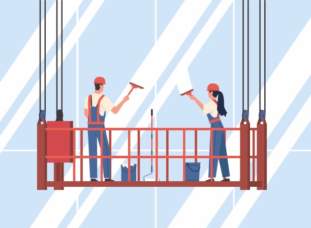 升降机上的窗户清洗工清洗高层建筑的窗户。男人和女人在贡多拉。摩天楼外立面清洁。专业的清洁服务。卡通平面风格孤立矢量概念图片下载