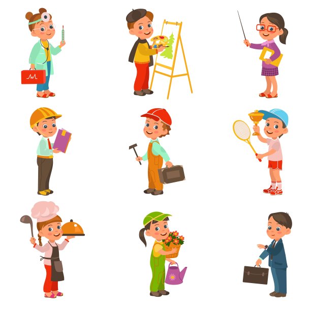 孩子的职业。有趣的孩子们。不同的职业制服。医生兼建筑工人。拿着公文包的商人。网球运动员。人占领。锦绣向量集图片下载