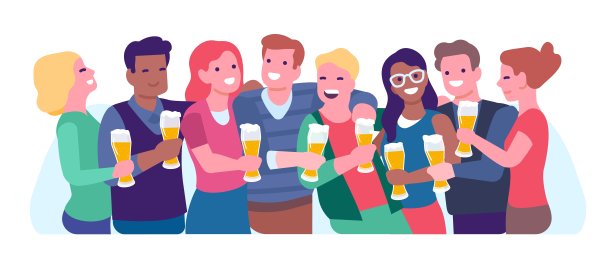 一群微笑着的年轻朋友。人们端着啤酒站在那里。在酒吧里庆祝节日。快乐的男人和女人拥抱。在酒吧喝酒的人。向量的概念图片下载