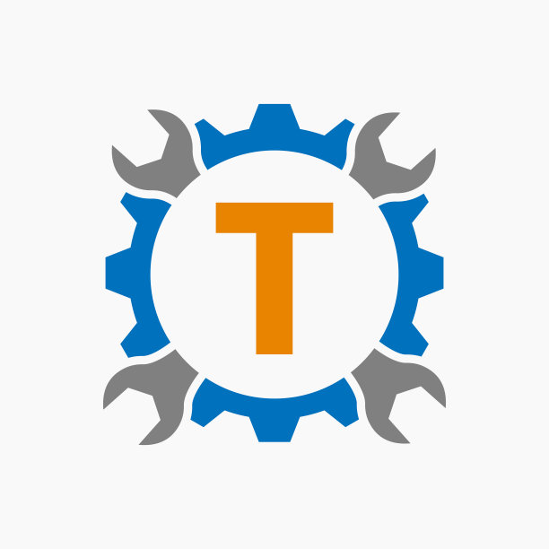 字母T修理标志齿轮技术符号。建筑服务标志设计图片下载