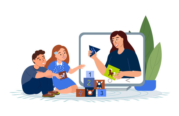 让小学生在网上保姆的游戏和学习过程中感到兴奋。孩子们学习，在线娱乐，听课。互联网远程教育教师和保姆对缩放。向量图片下载