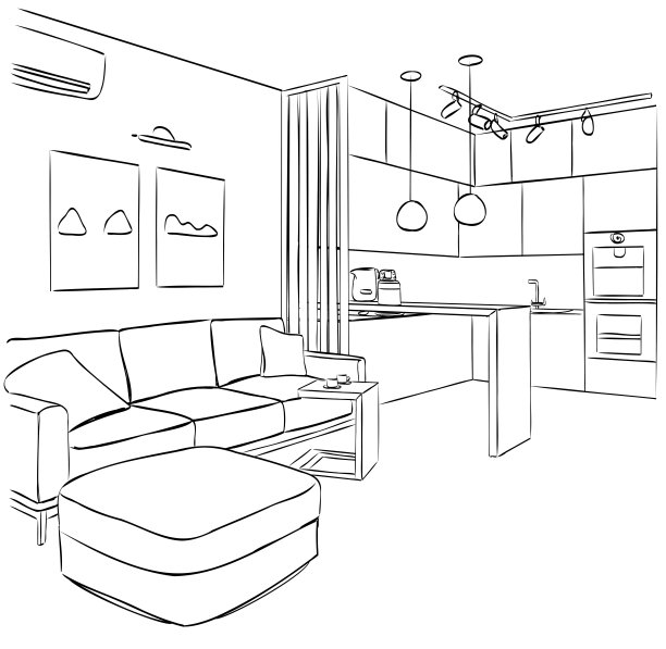 室内厨房和客厅。草图图片下载