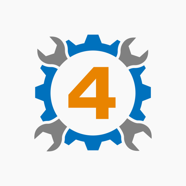 字母4维修标志齿轮技术符号。建筑服务标志设计图片下载