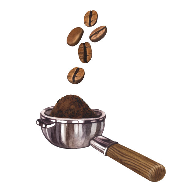 水彩咖啡portfilter和掉落的咖啡豆。新鲜的咖啡制作概念，手绘插图孤立在白色背景。完美的食物菜单，咖啡厅的概念，卡片，海报图片下载