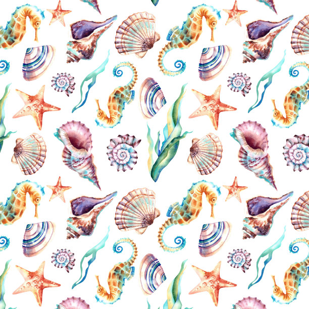 海洋动物的无缝图案。贝壳，海马，海星。水彩插图。背景。拼贴画。图片下载